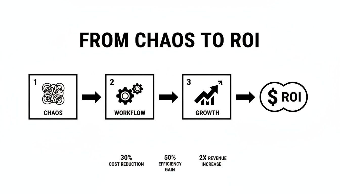 Diagram illustrating the transformation from chaotic operations to structured workflow, leading to growth and ROI.