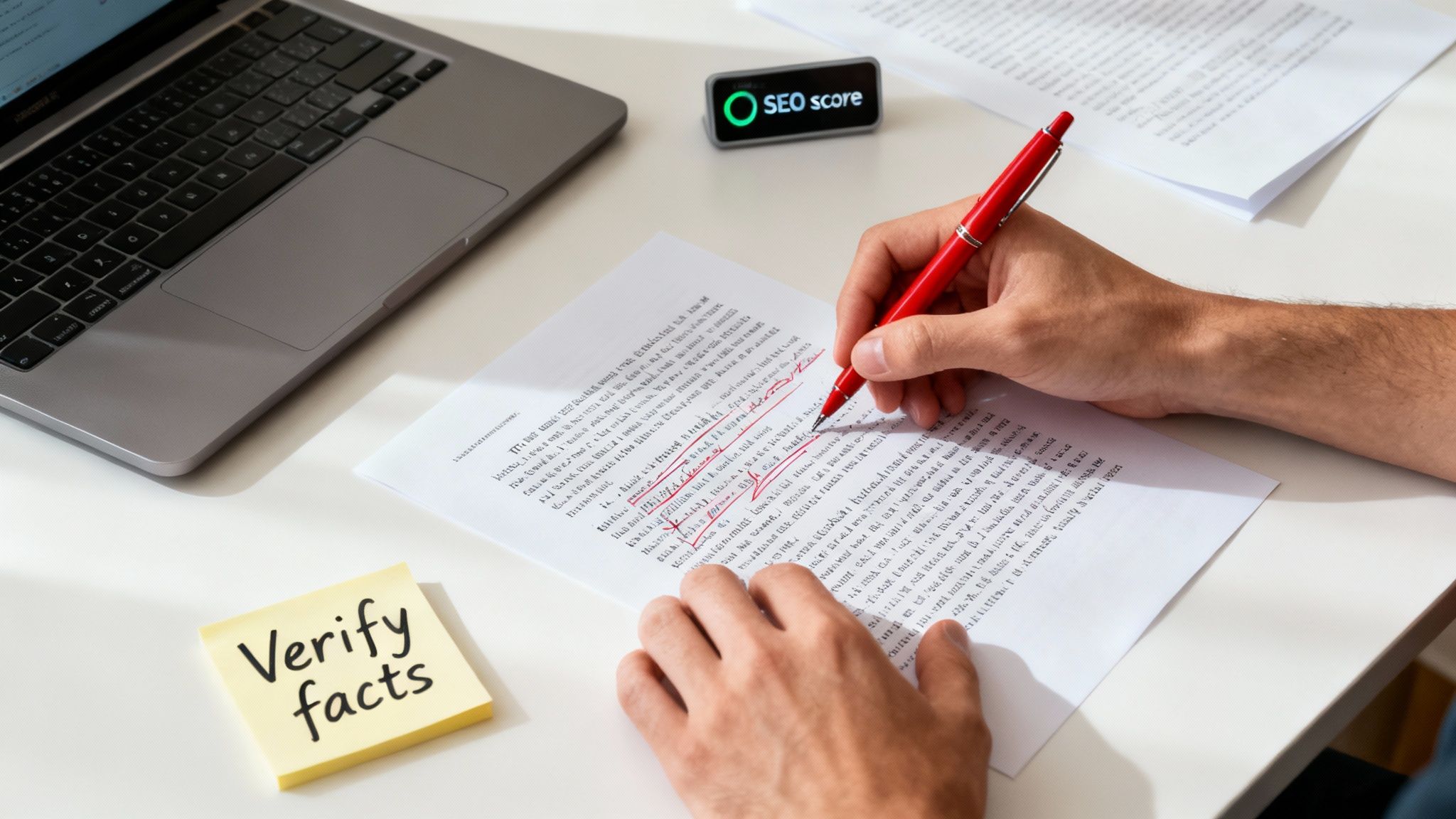 A person editing a document on a computer with charts and graphs in the background, symbolizing quality control.