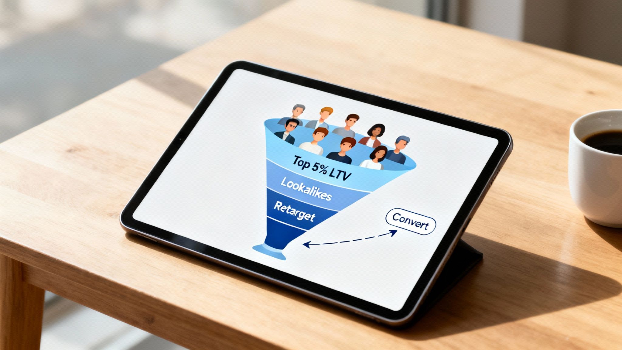 A tablet shows a digital marketing funnel with audience segmentation for ad campaigns and conversion.