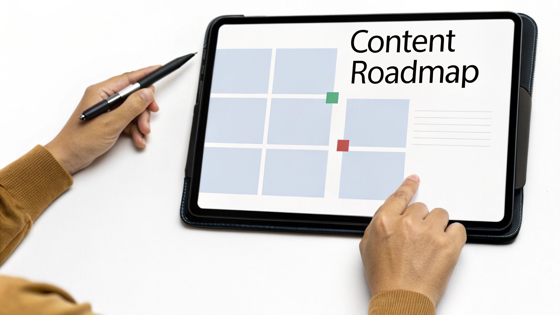 A person's hands interact with a tablet displaying a 'Content Roadmap' with a grid layout and markers.
