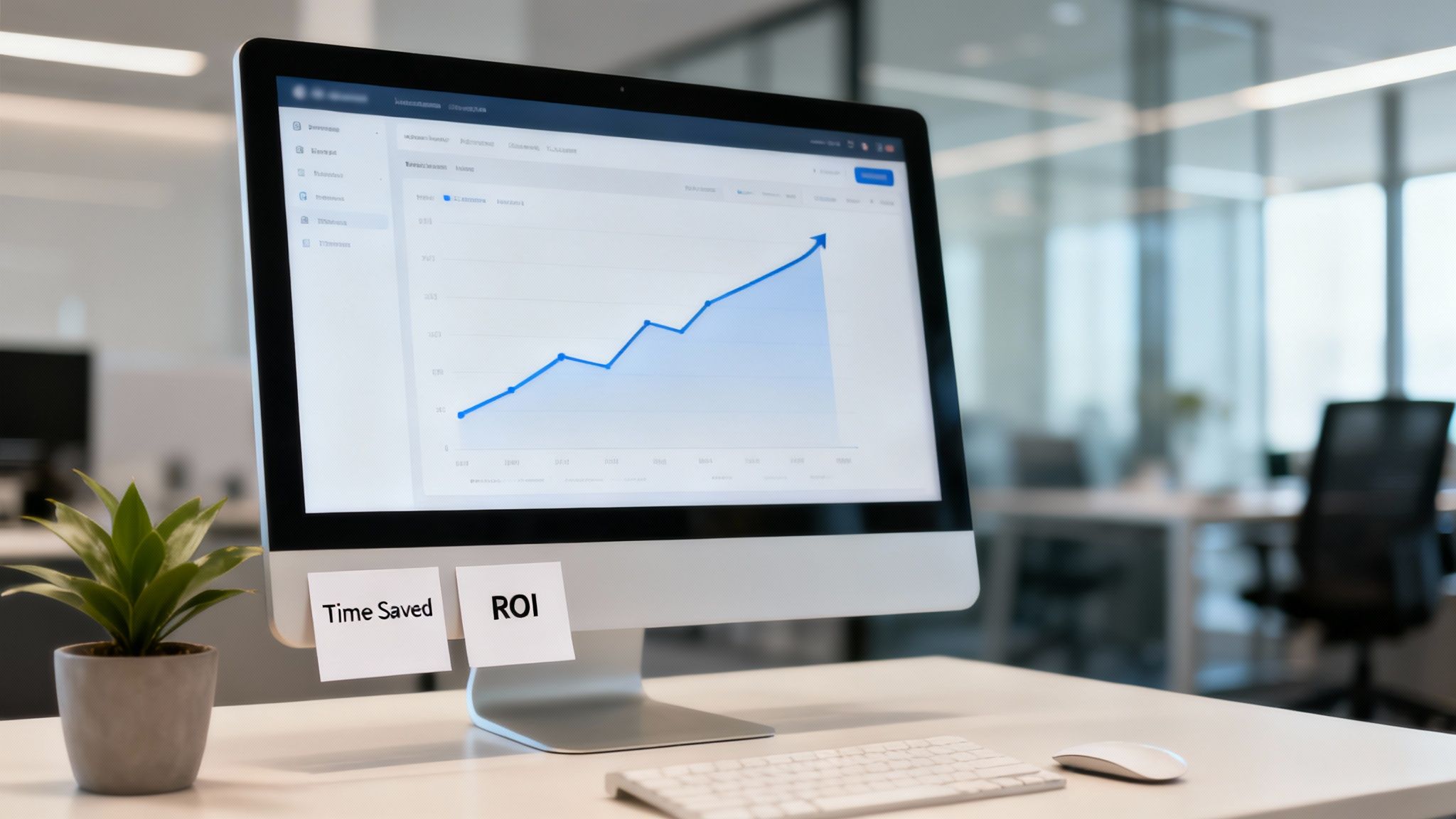 A computer monitor displays a rising line graph, with 'Time Saved' and 'ROI' sticky notes.