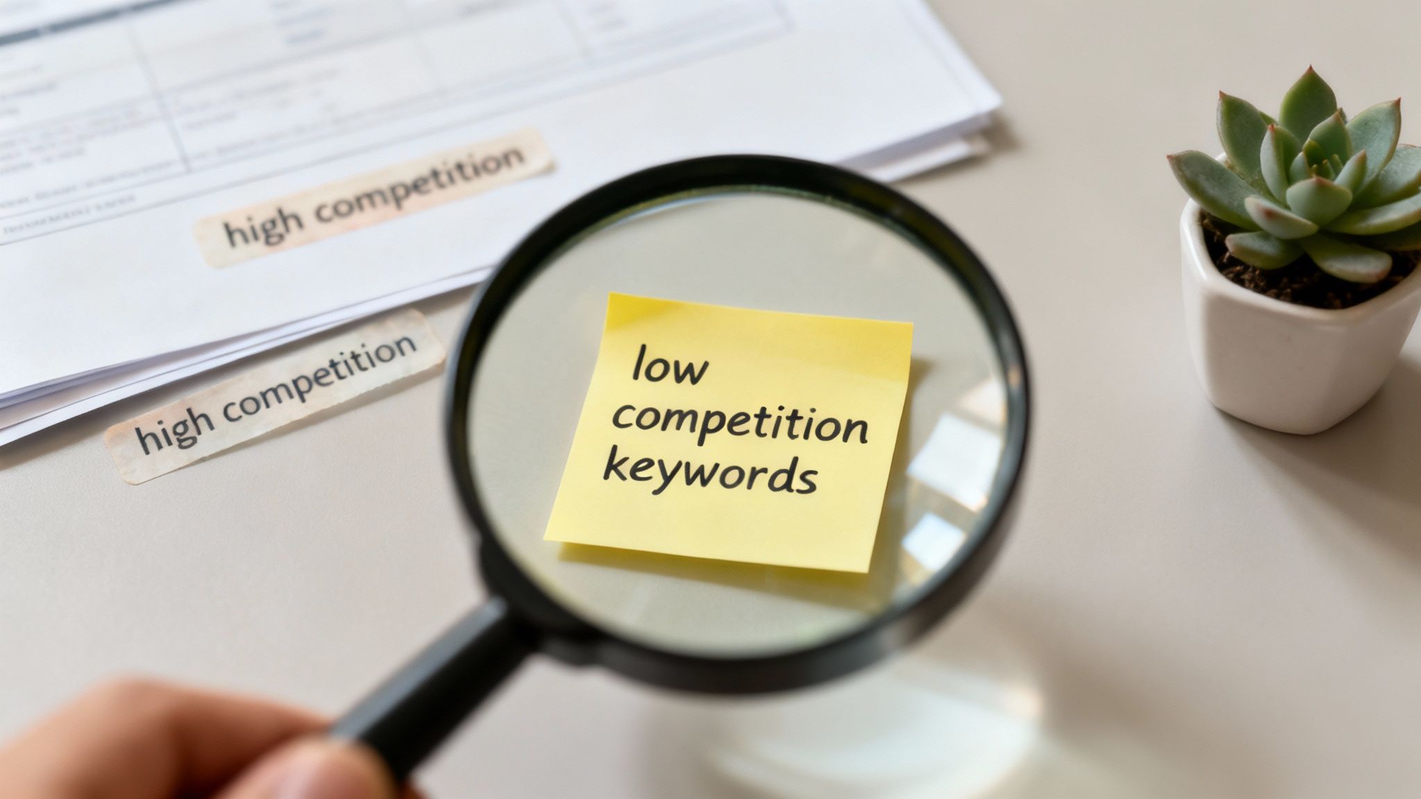 A magnifying glass highlights 'low competition keywords' on a sticky note, contrasting with 'high competition' on background papers.