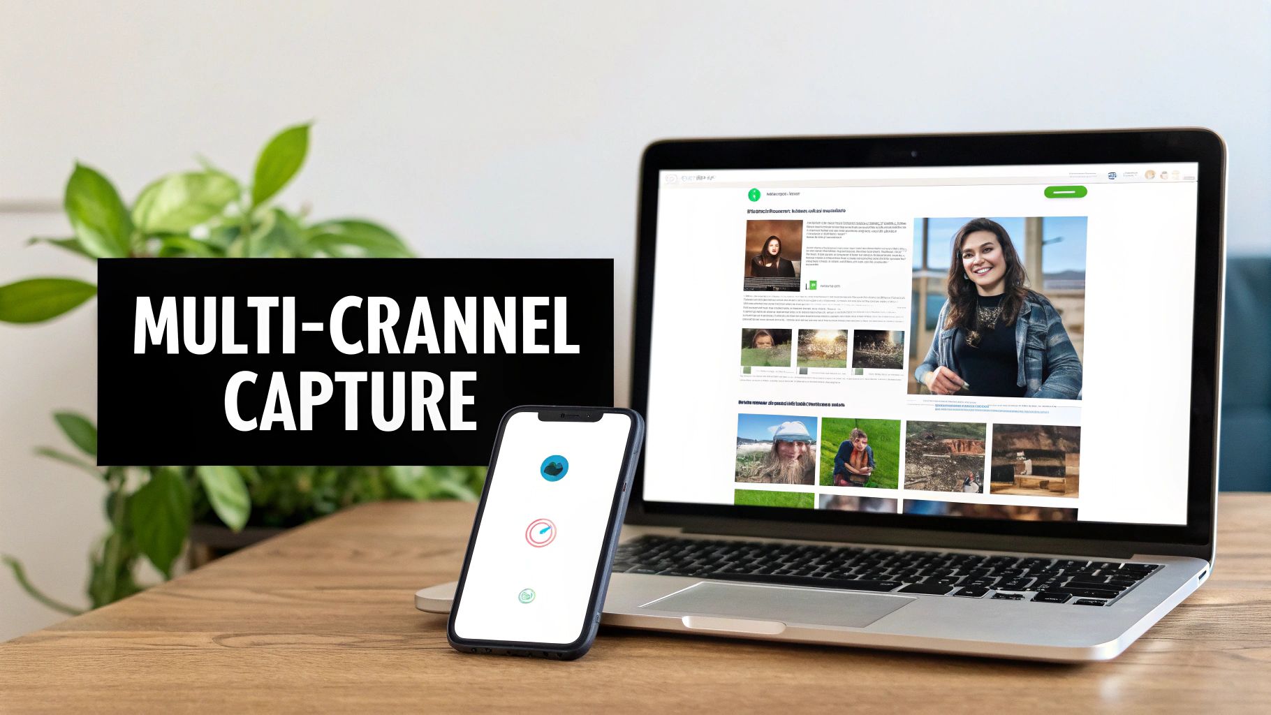 A laptop and smartphone on a wooden desk, showcasing multi-channel capture with a website and app.