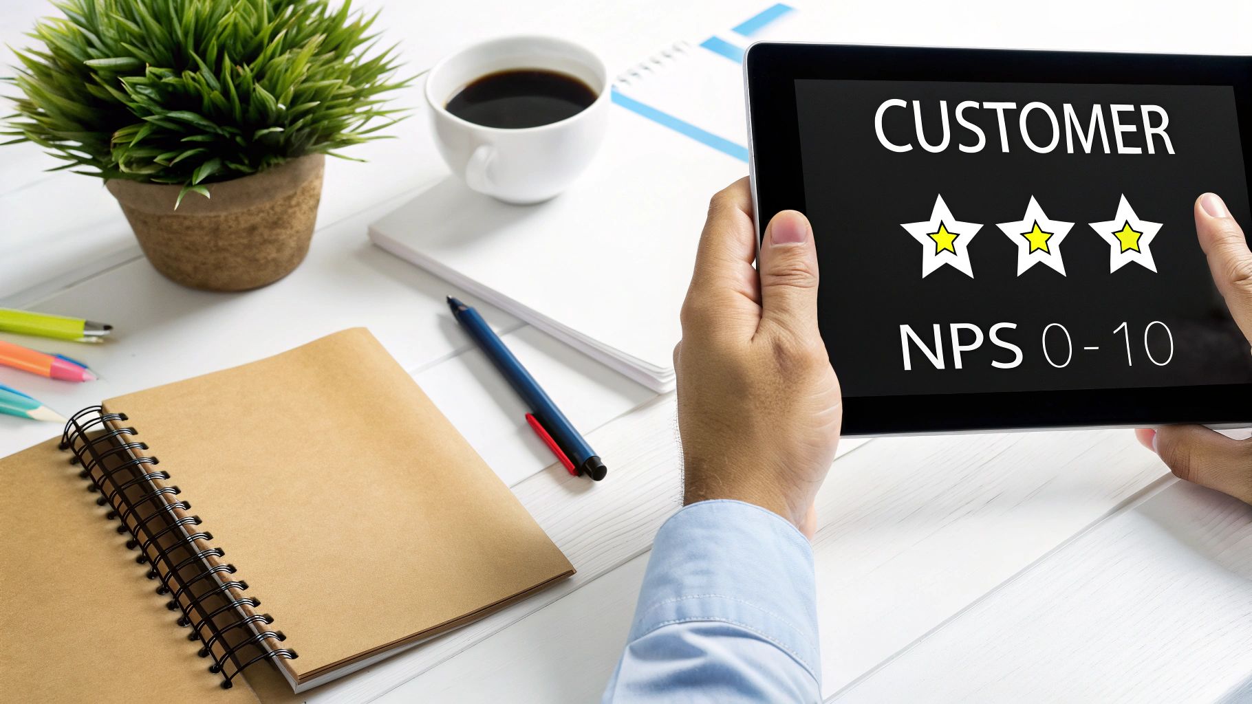 A person holds a tablet displaying a customer satisfaction survey with three stars selected and NPS 0-10.