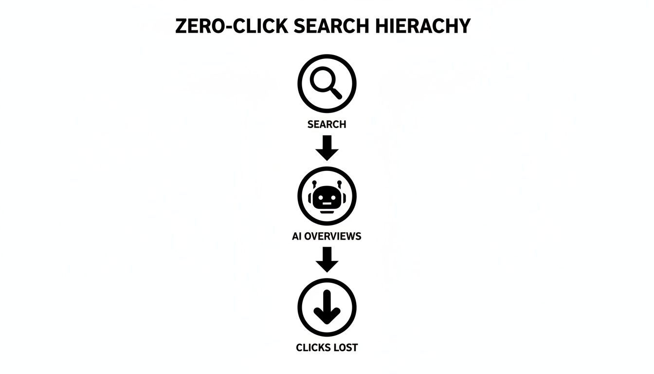 Flowchart illustrating the zero-click search hierarchy, showing AI overviews reduce traditional search clicks.
