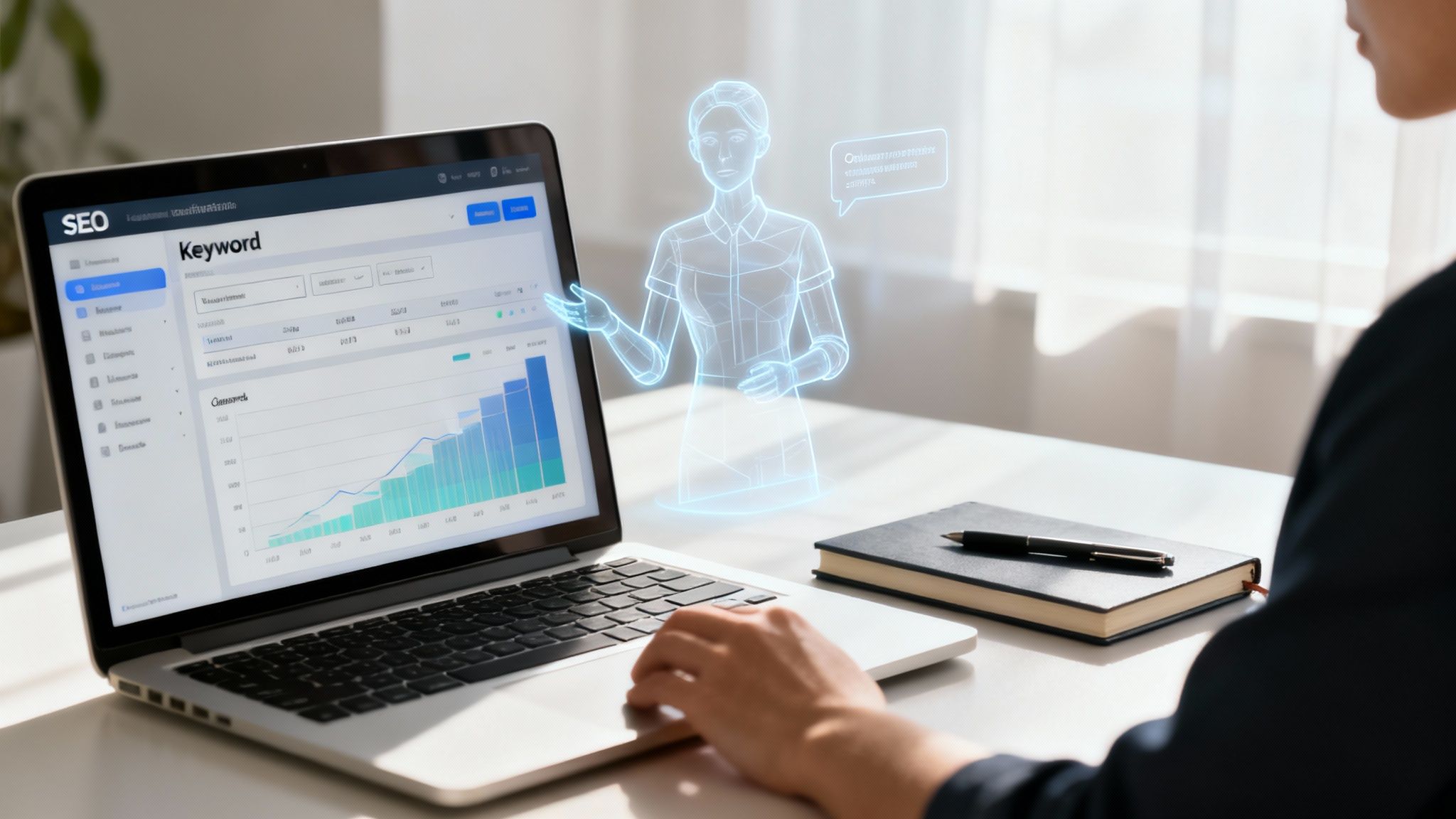 An abstract image showing a blend of human and AI elements in content creation, symbolizing synergy.