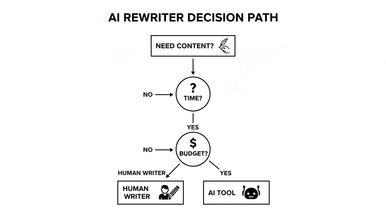 Flowchart showing the decision path for content creation, choosing between human writer or AI tool based on time and budget.