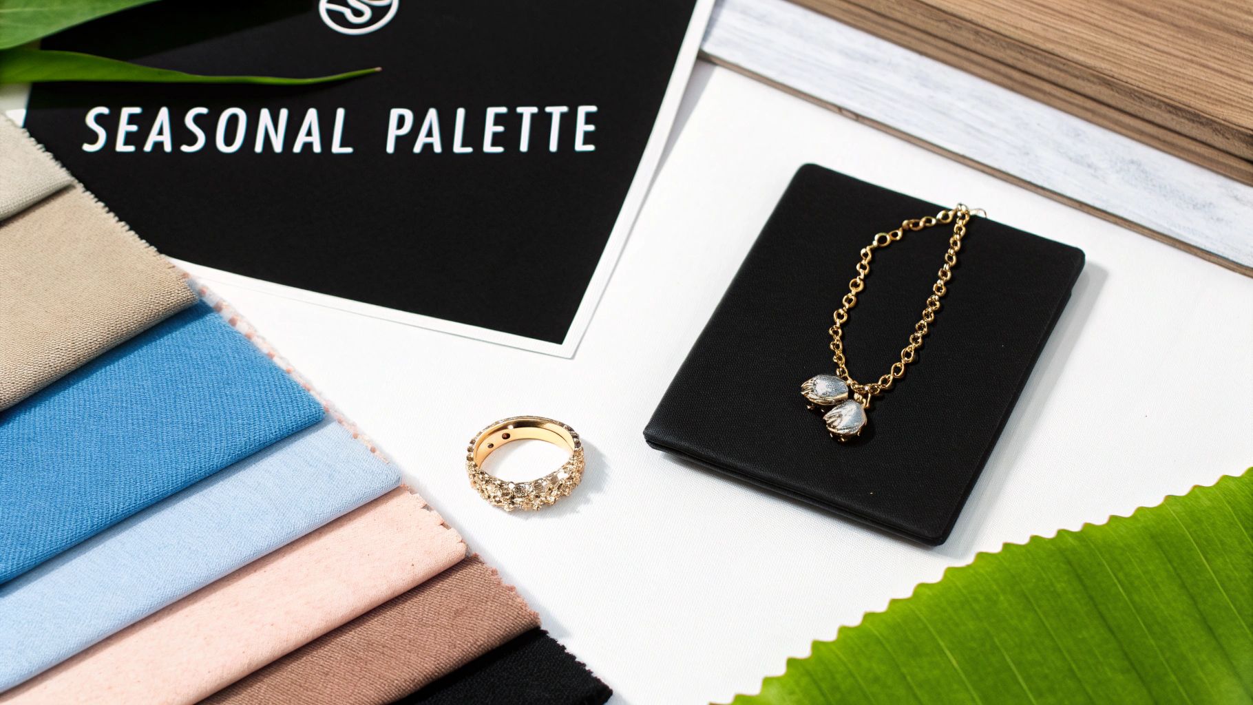 A 'Seasonal Palette' card, colorful fabric swatches, a gold ring, and a bracelet.