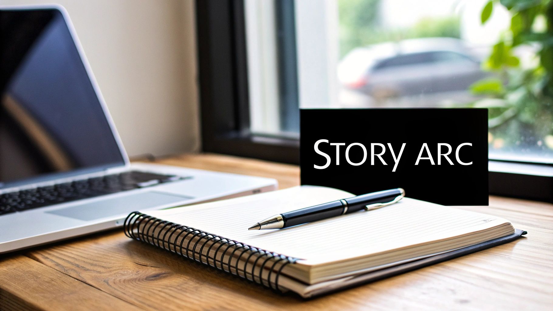 Workstation with a laptop, open notebook, pen, and a sign displaying 'STORY ARC' by a window.