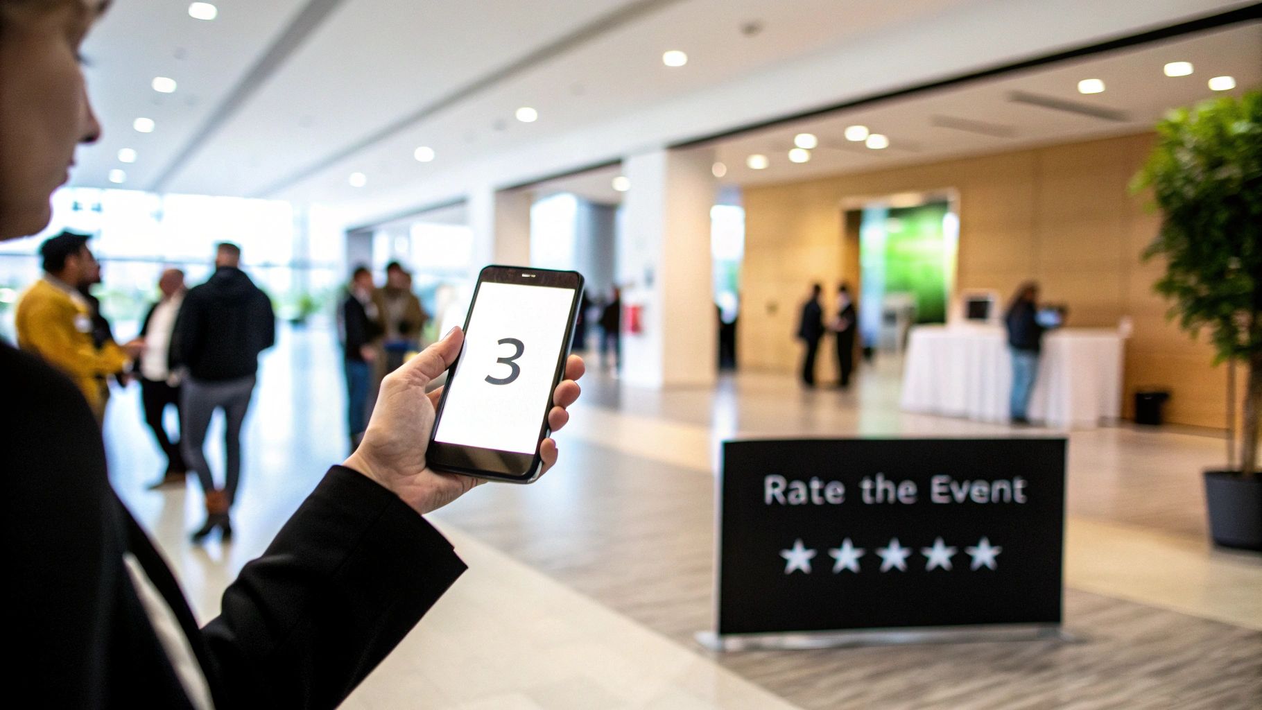 A person's hand holds a smartphone displaying the number '3' while rating an event with a 'Rate the Event' sign in the background, showing five stars.