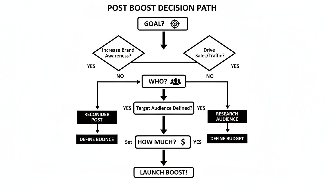 A flowchart detailing the post boost decision path, outlining steps from goals to launch.