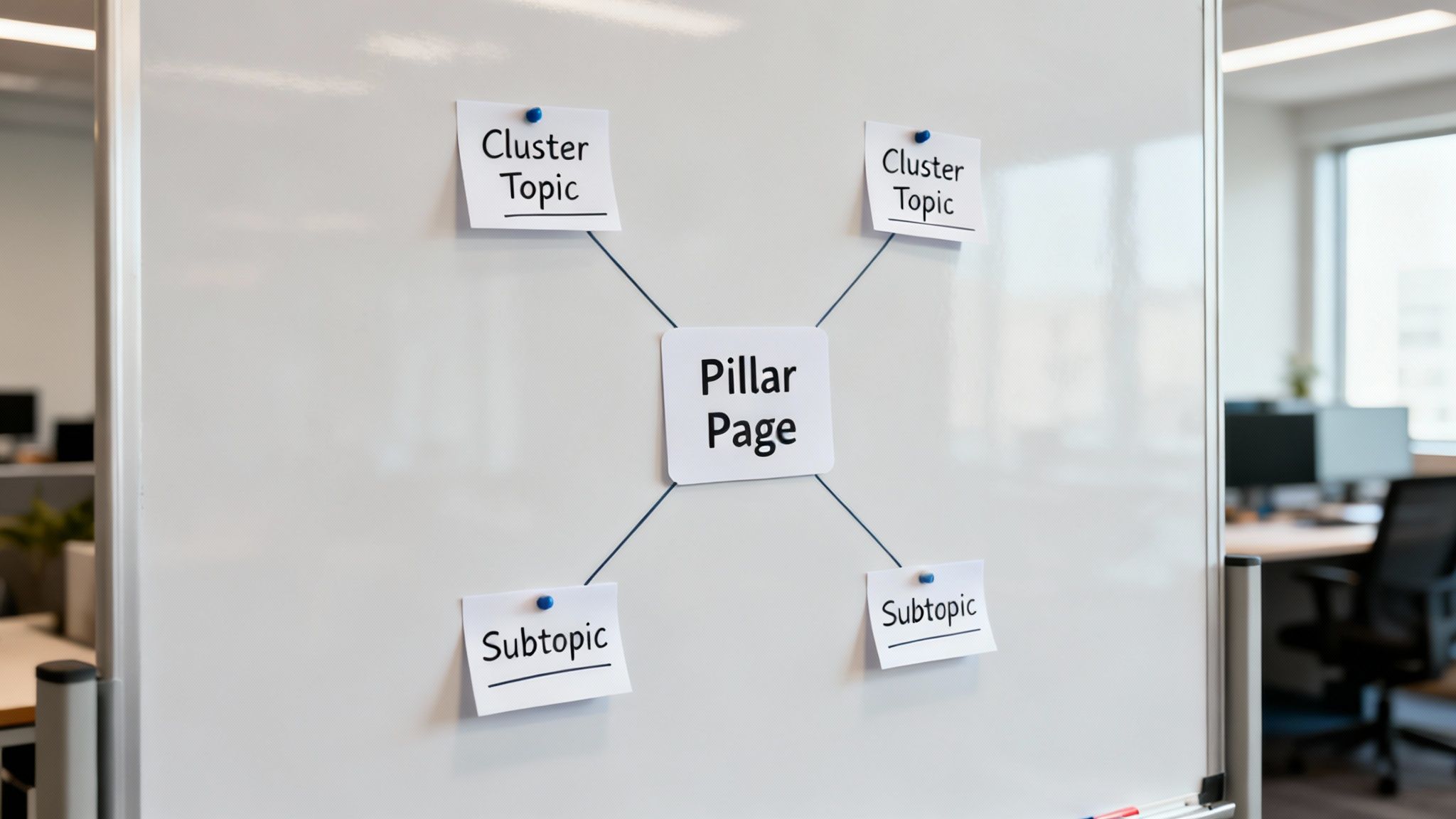 Whiteboard diagram illustrating a content strategy with a pillar page connected to cluster topics and subtopics.