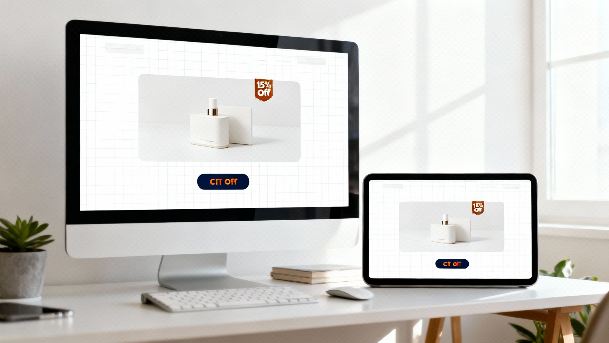 A perfume advertisement displayed on a desktop monitor and tablet on a white desk.