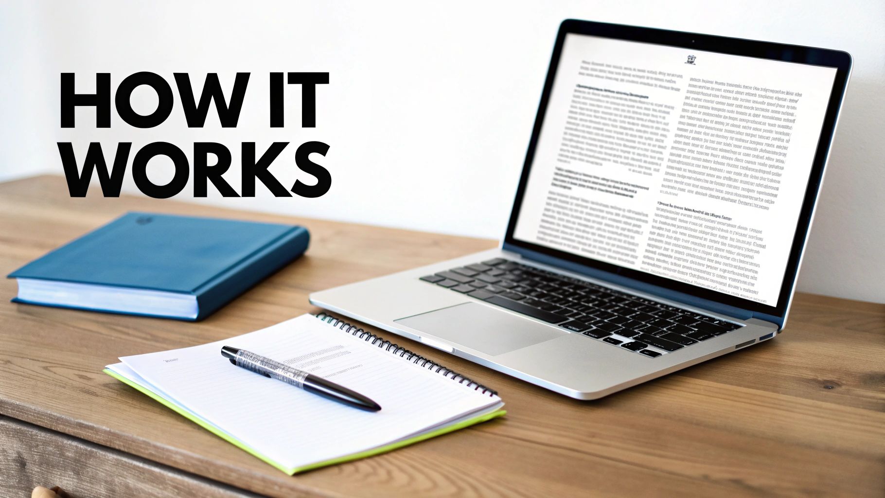 A work desk with a laptop, blue book, notebook, and pen, illustrating a process with 'HOW IT WORKS' text.