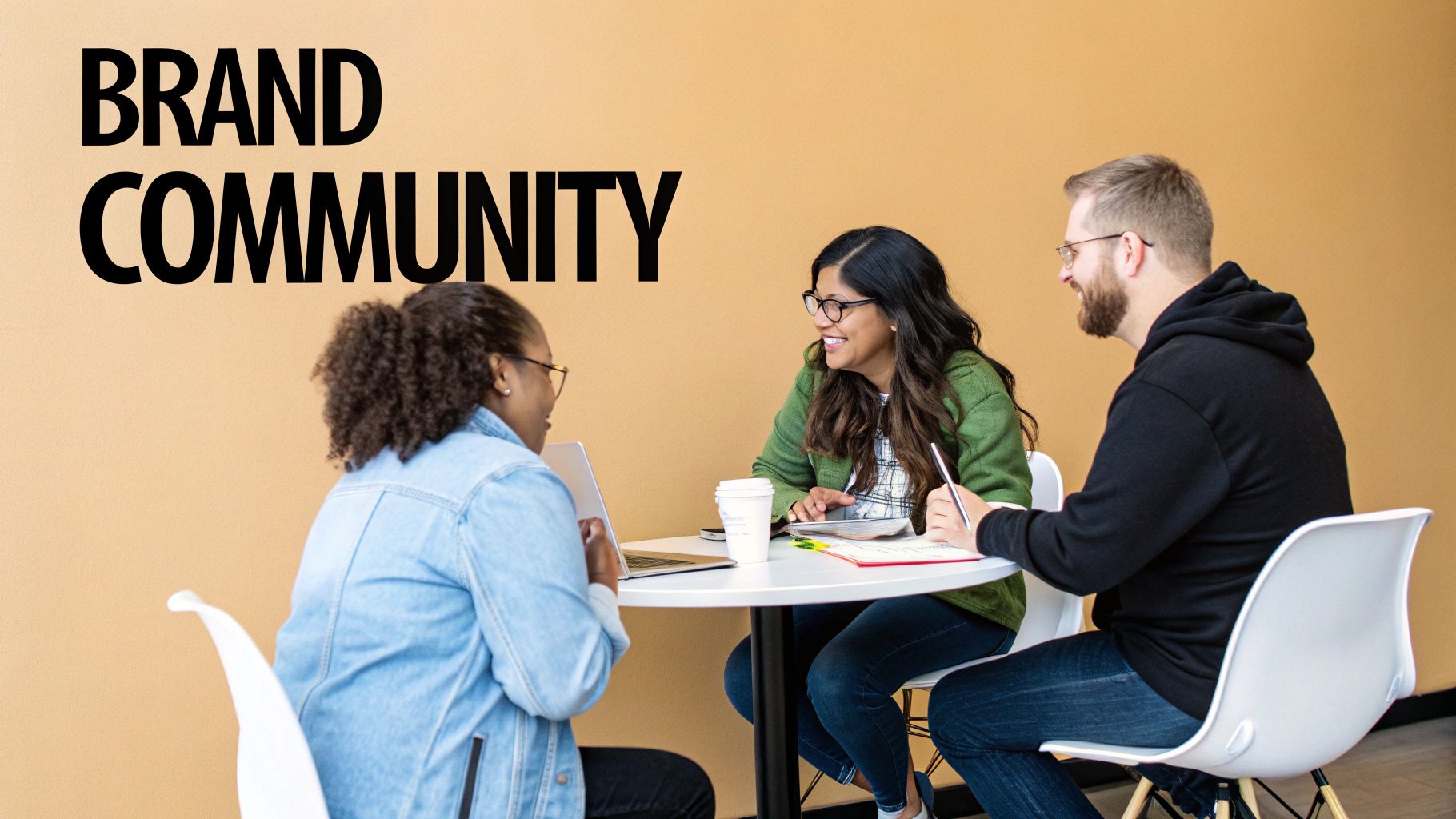 Three smiling, diverse individuals collaborate around a table, with 'BRAND COMMUNITY' text on the wall.