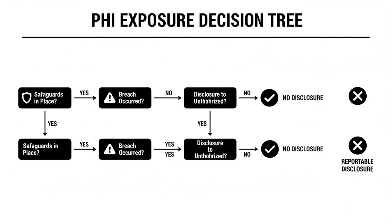 Decision tree flowchart for PHI exposure, determining reportable disclosures based on safeguards and breaches.