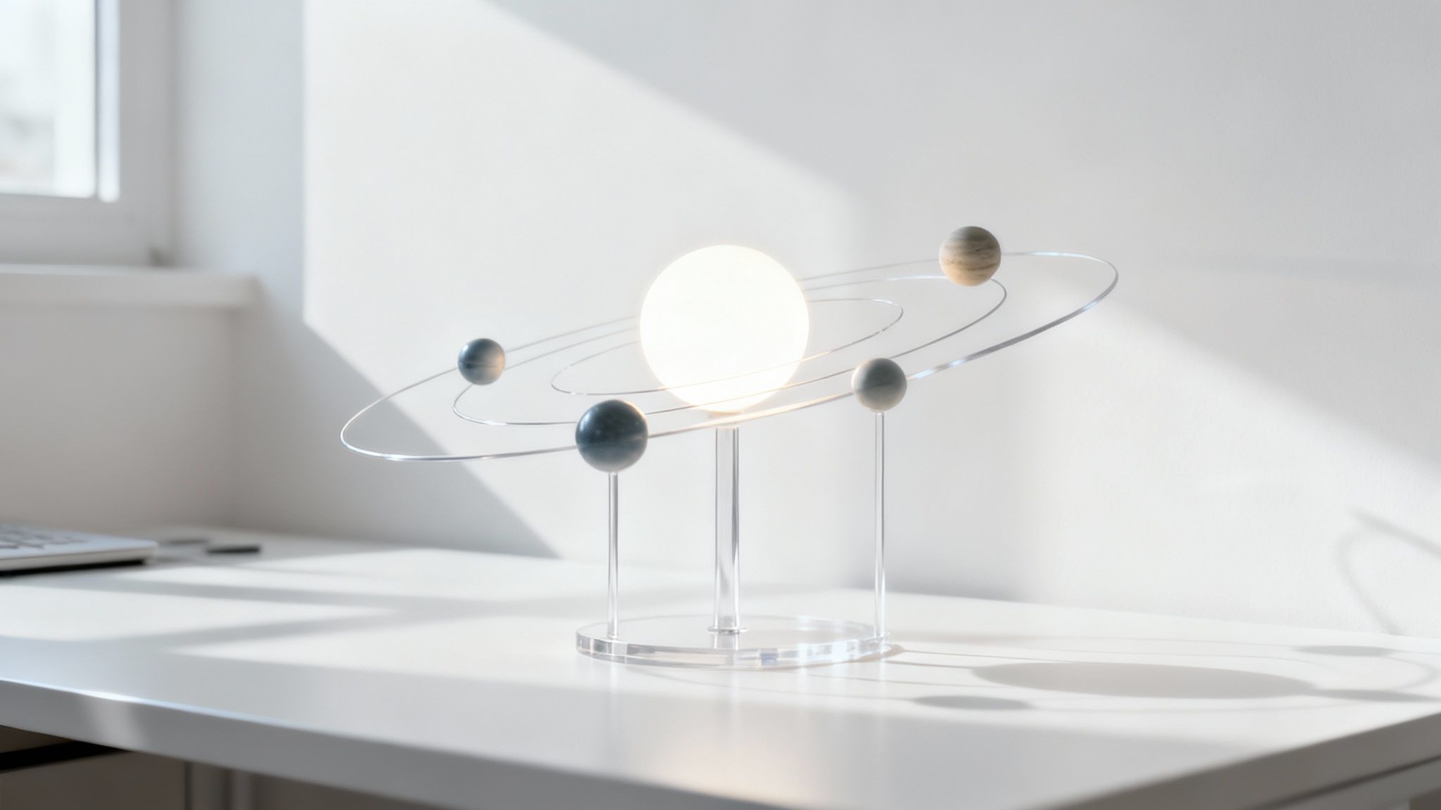 Modern minimalist solar system model with orbiting planets on white desk in bright office