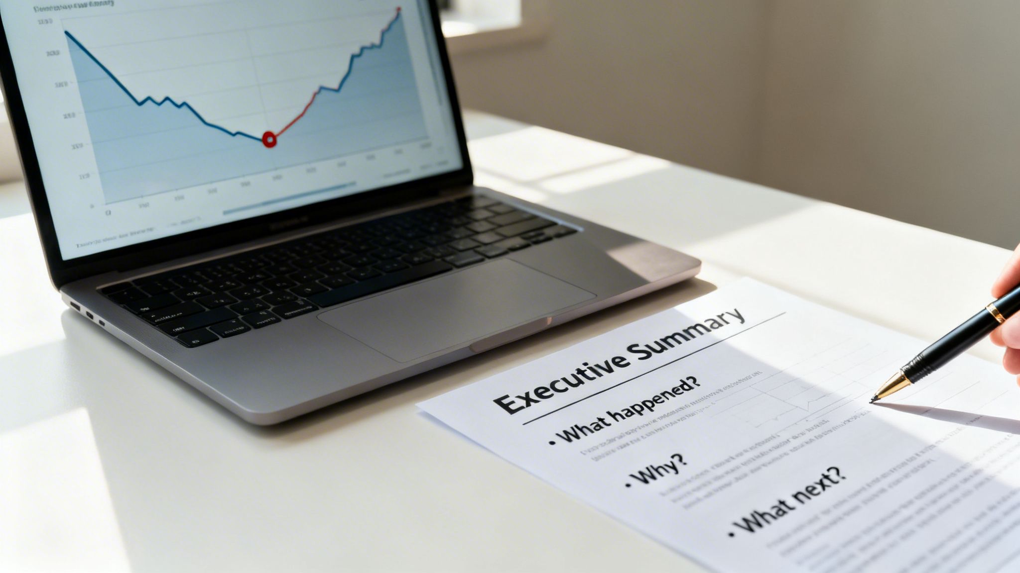 Person's hand with a pen reviewing an executive summary document next to a laptop displaying a business graph.