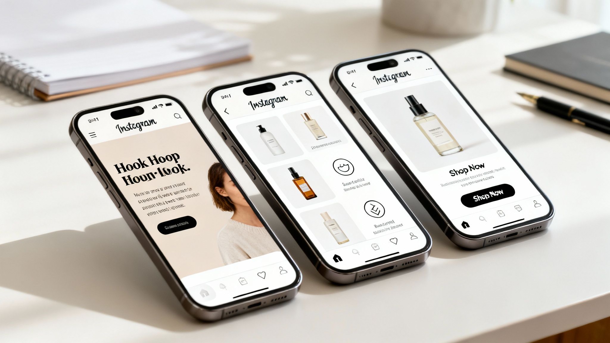 Instagram carousel ads showcasing beauty products on three smartphones on a clean white desk.