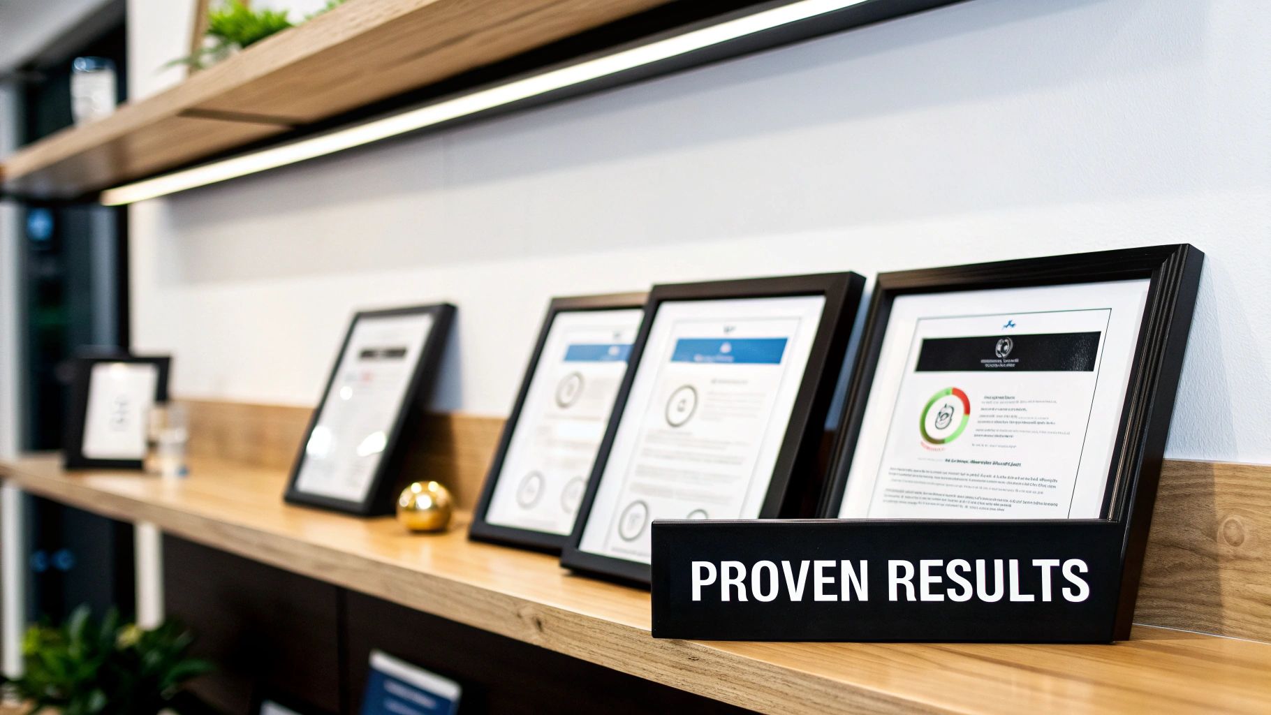 Professionally displayed framed certificates and documents on a wooden shelf with a 'PROVEN RESULTS' sign.