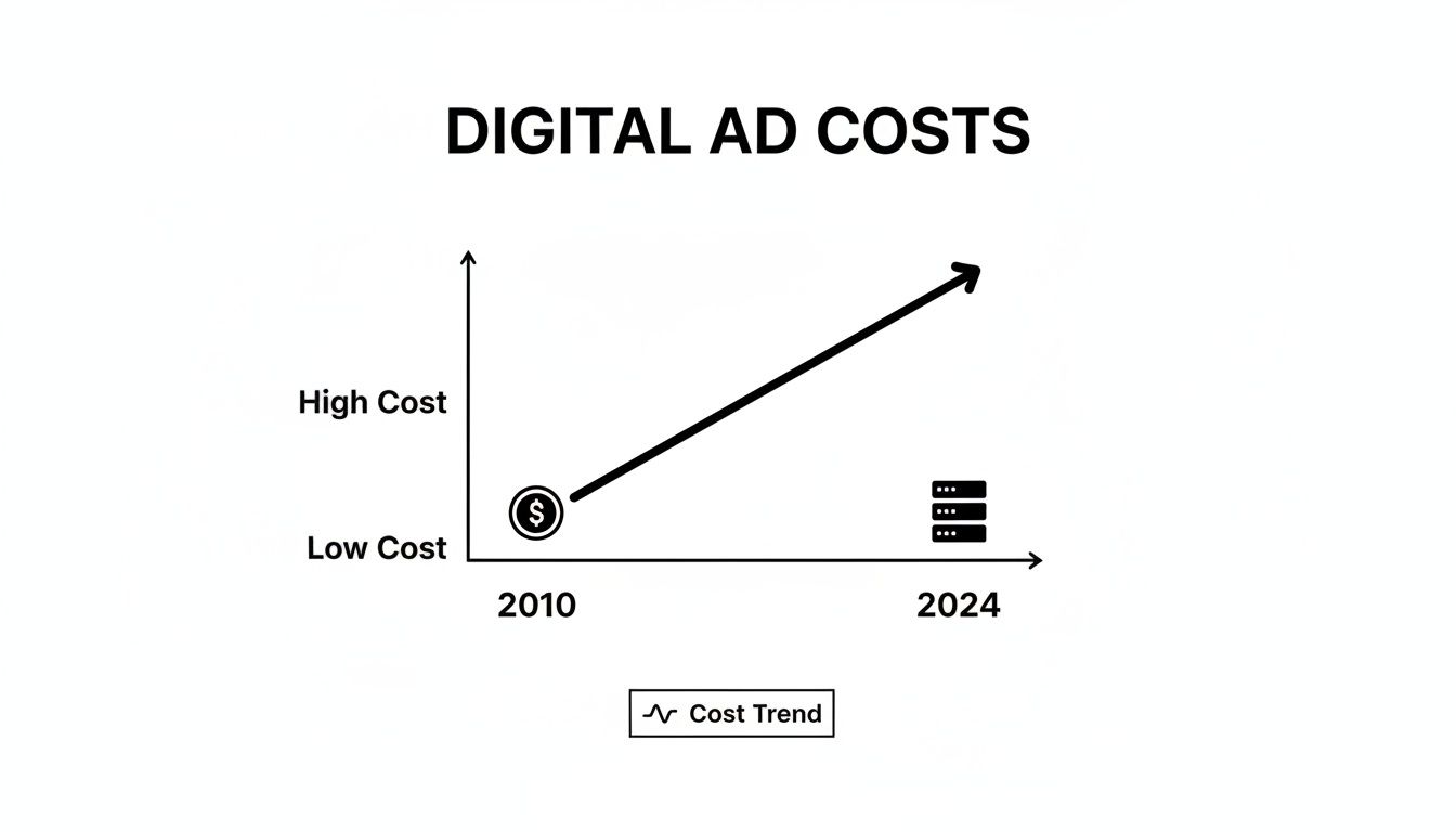Graph illustrates digital ad costs rising significantly from low in 2010 to high in 2024.