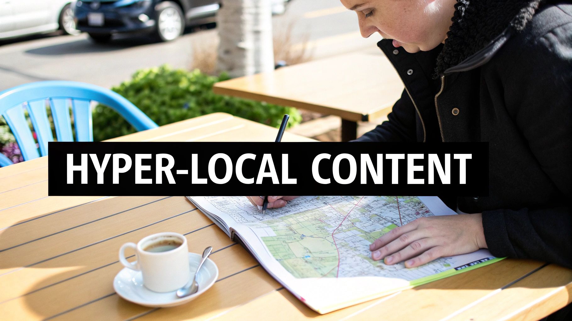 Person studying a map and writing at an outdoor cafe table, coffee nearby, with 'Hyper-Local Content' text.