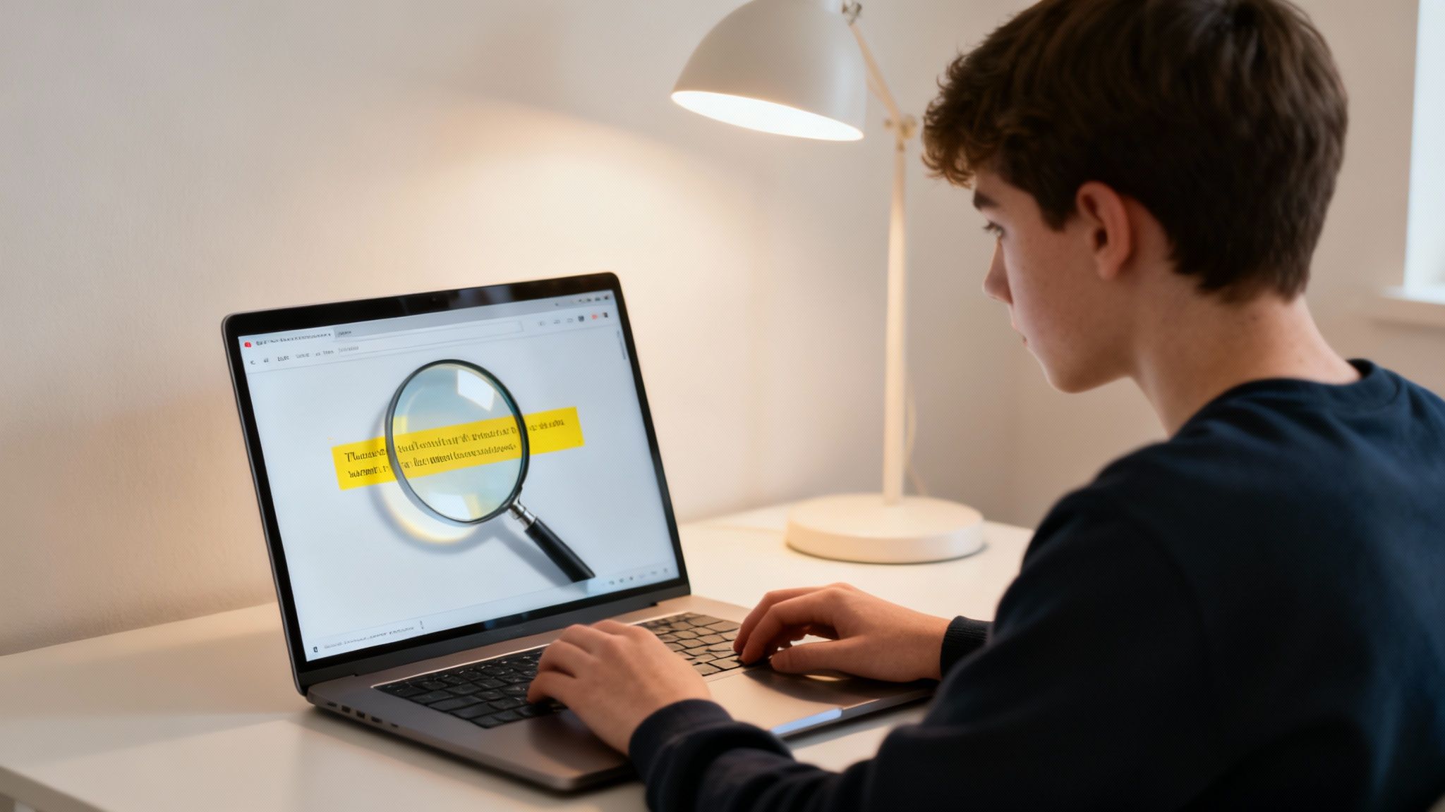 A young person using a laptop, a magnifying glass on the screen highlighting text.