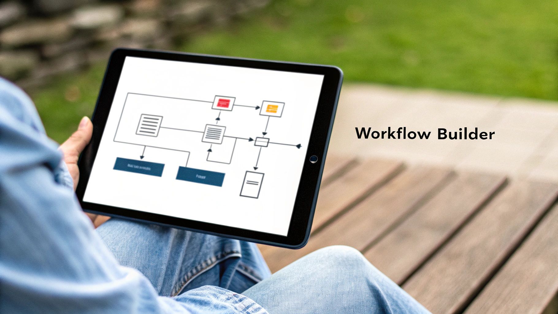 Person holding a tablet showing a digital workflow diagram with 'Workflow Builder' text.