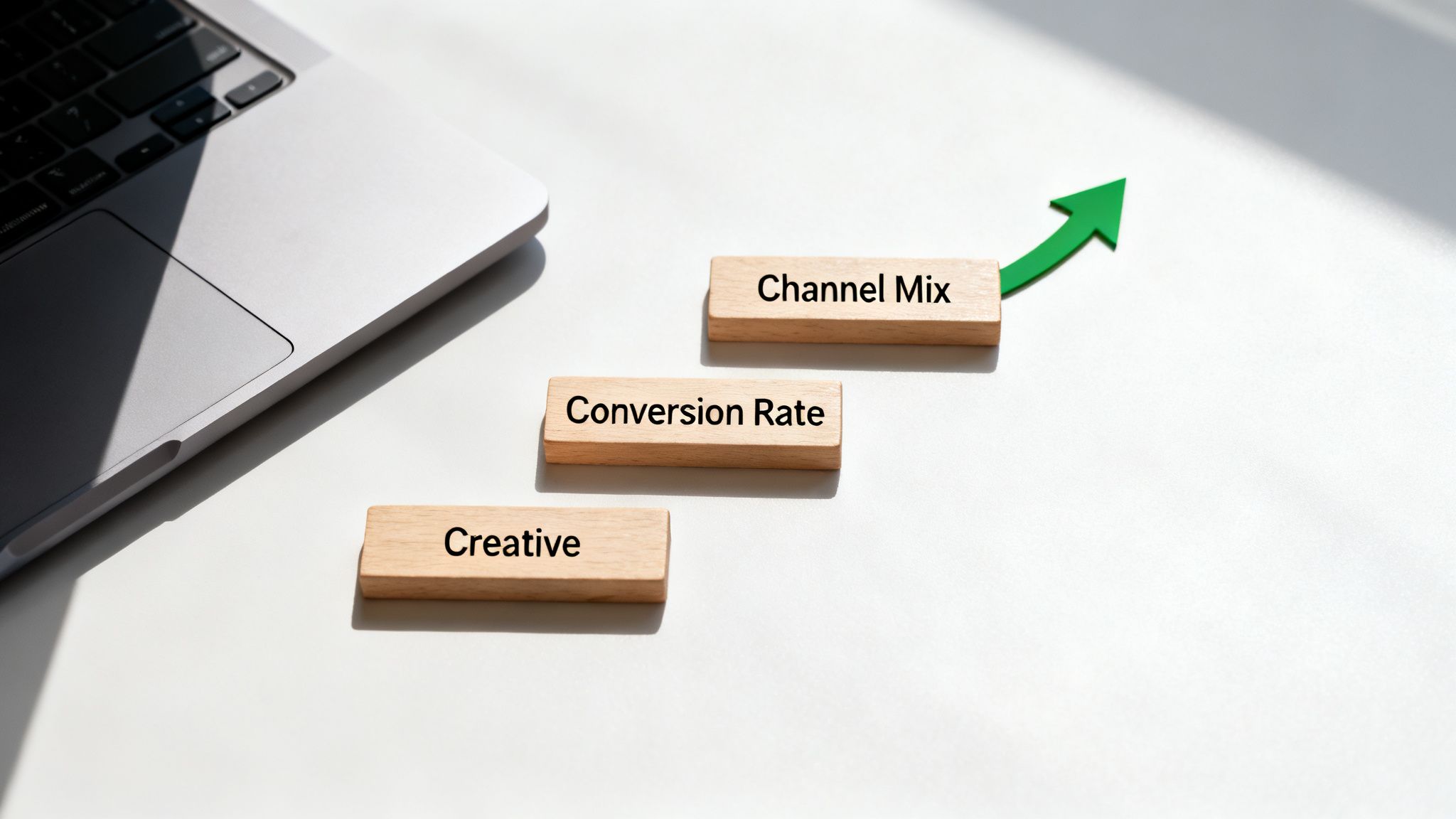 A visual representation of marketing efficiency growth with blocks: Creative, Conversion Rate, Channel Mix.