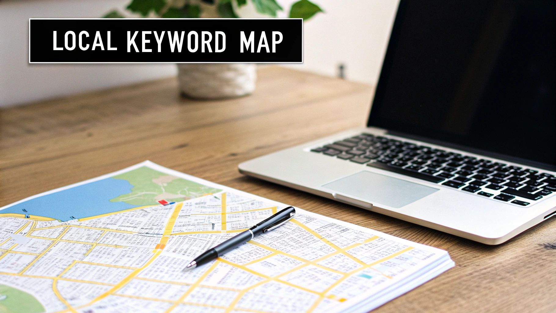 A desk with a laptop, a map, and a pen, featuring a 'LOCAL KEYWORD MAP' text overlay, symbolizing local SEO planning.
