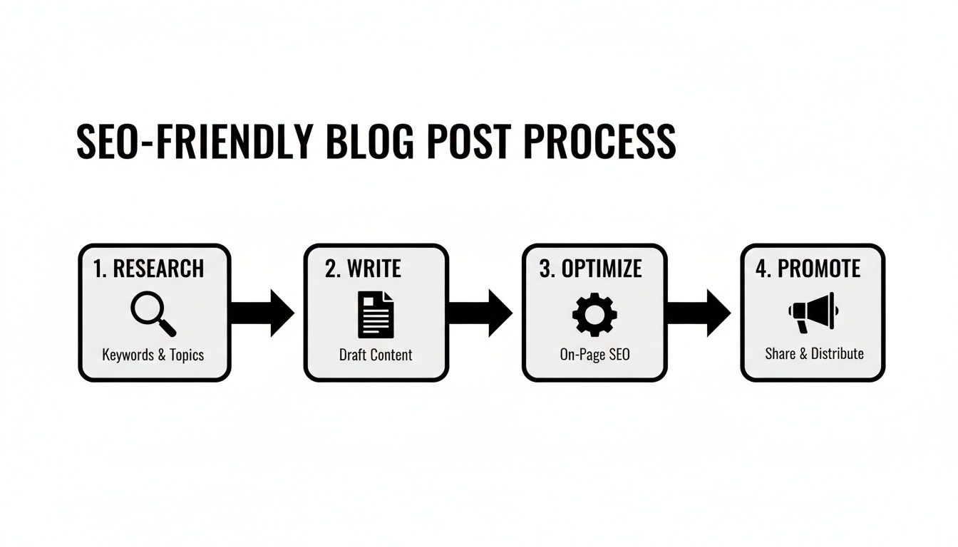 Infographic outlining the 4-step process for SEO-friendly blog post creation: research, write, optimize, promote.