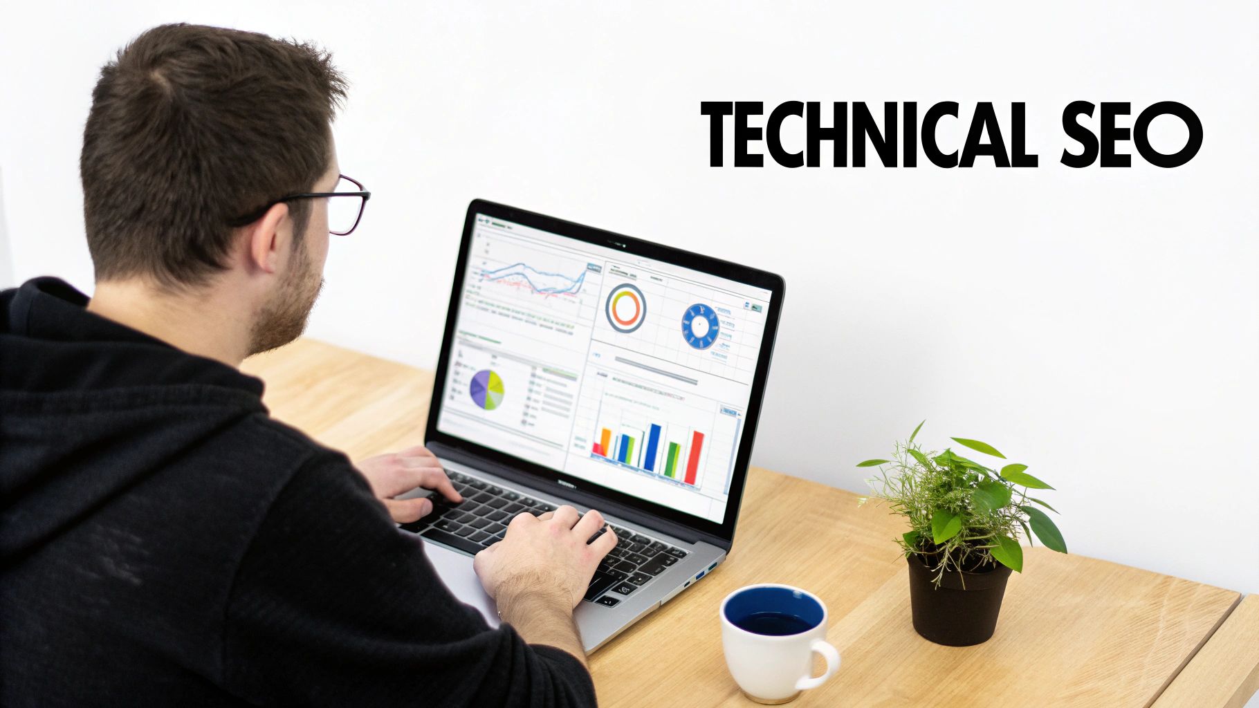 A man in glasses works on a laptop showing technical SEO data charts, with a coffee and plant on a wooden desk.