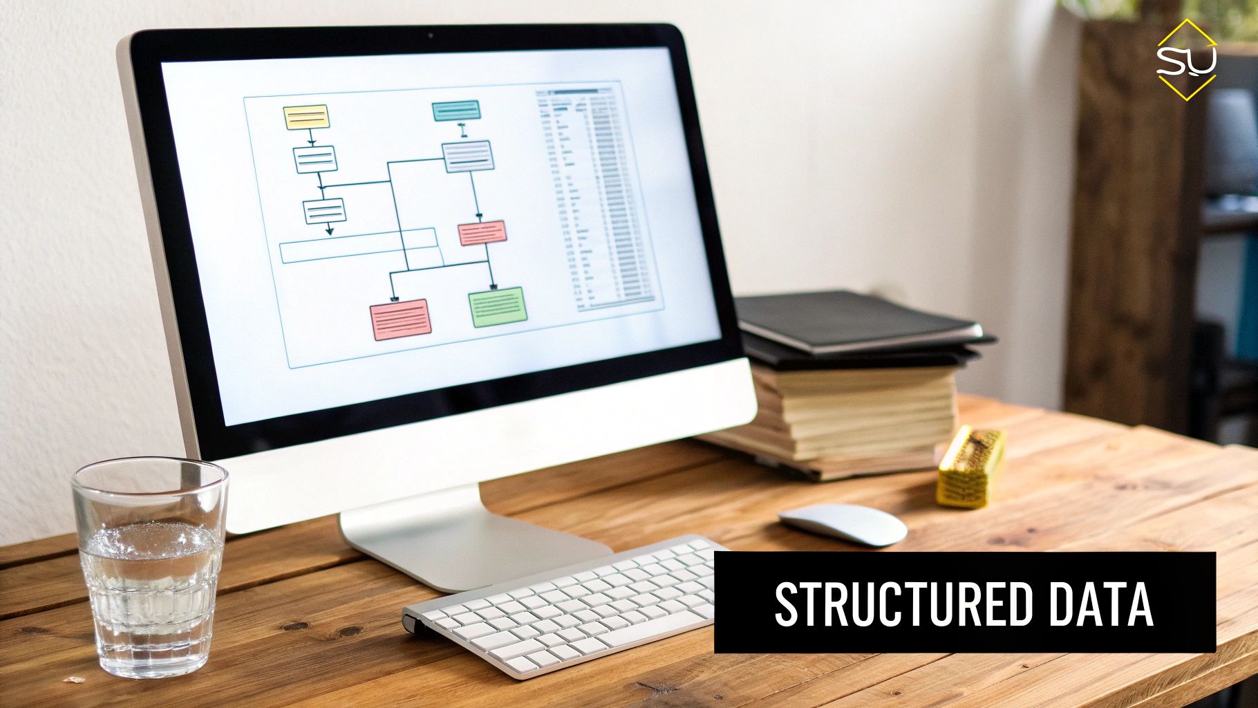 A computer screen displays a structured data diagram and table on a wooden desk with a keyboard and water.