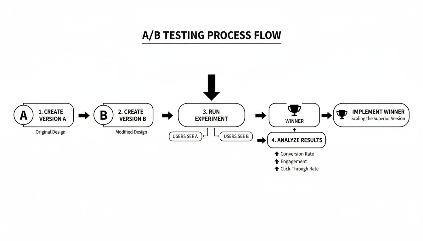 A step-by-step flowchart illustrating the A/B testing process from design creation to winner implementation.