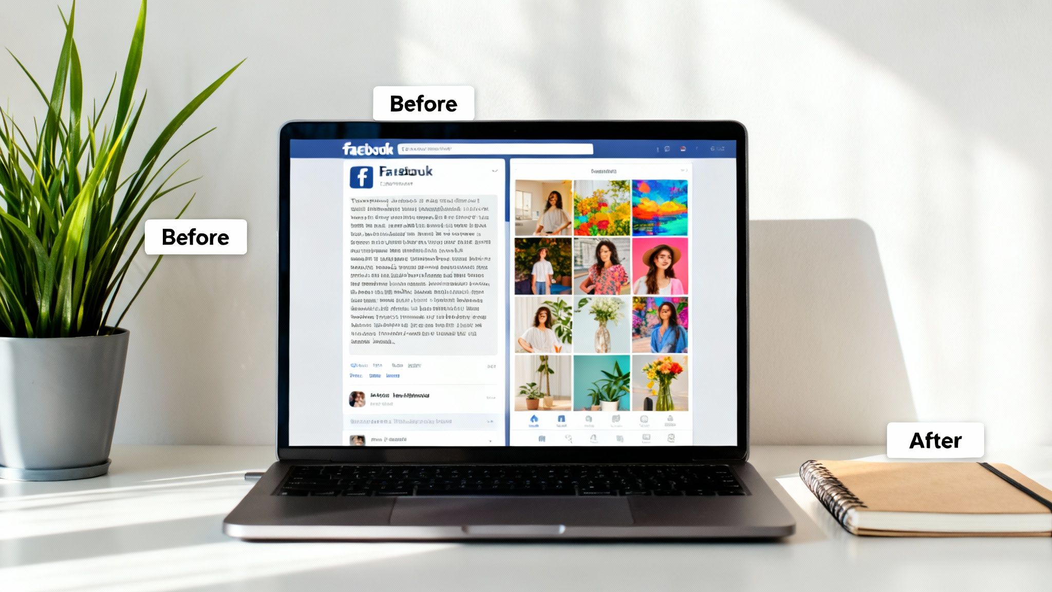 A laptop displaying a social media feed with text and image posts, next to a potted plant and a notebook.