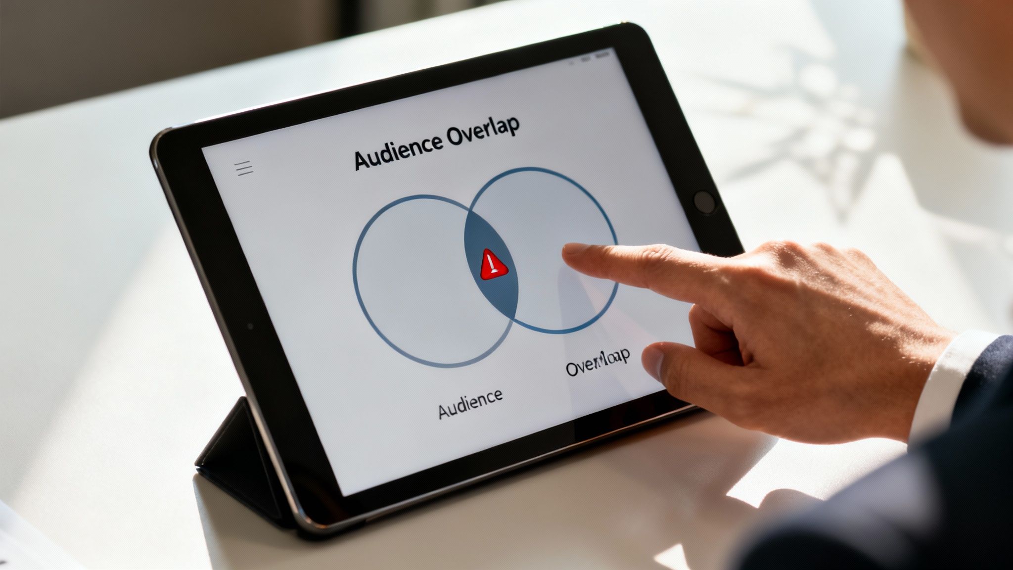 A hand interacts with a tablet showing a Venn diagram titled 'Audience Overlap' and a warning icon.