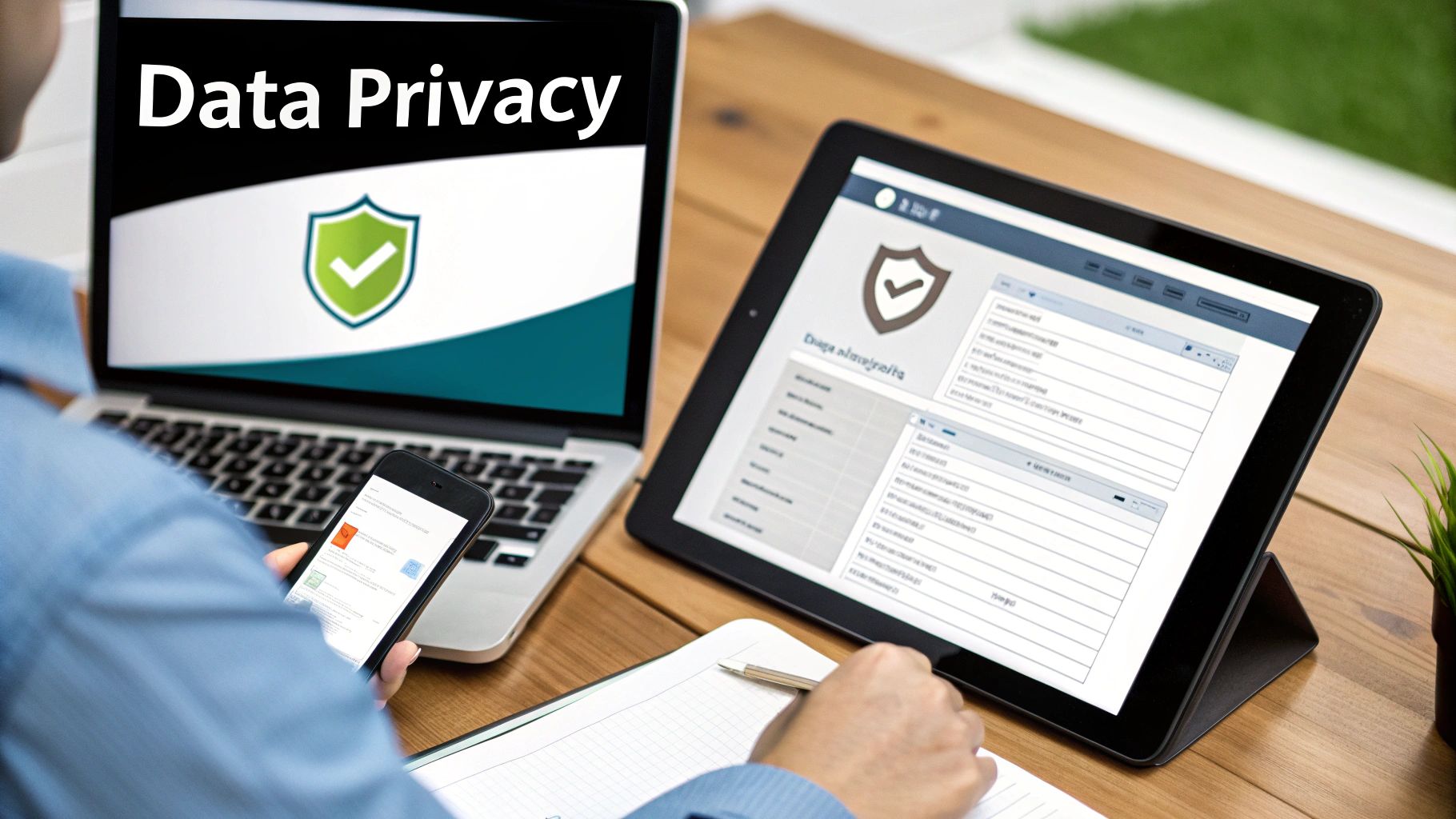 Person uses laptop, tablet, and smartphone displaying data privacy content and a security shield.