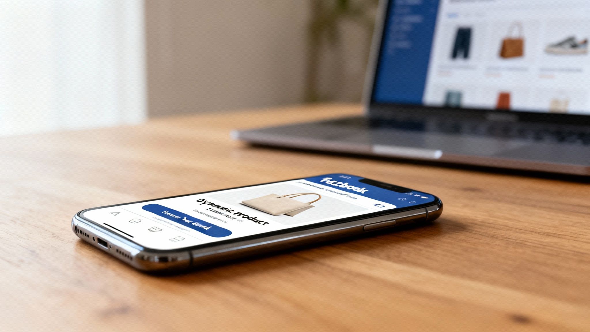 Smartphone with Facebook dynamic ad for a handbag, next to a laptop displaying an e-commerce fashion site.