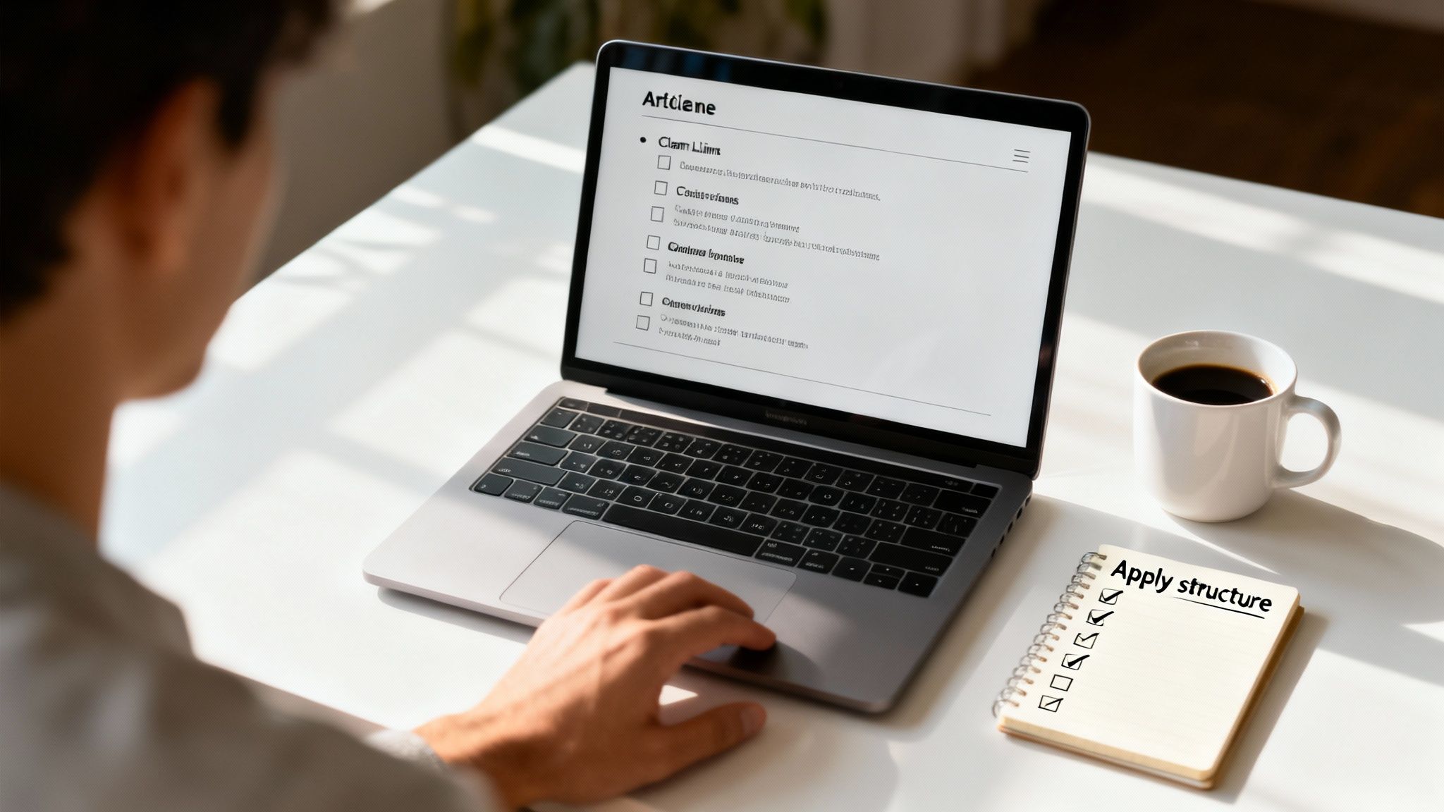 Overhead view of a person applying structure to writing with laptop, coffee, and notebook.