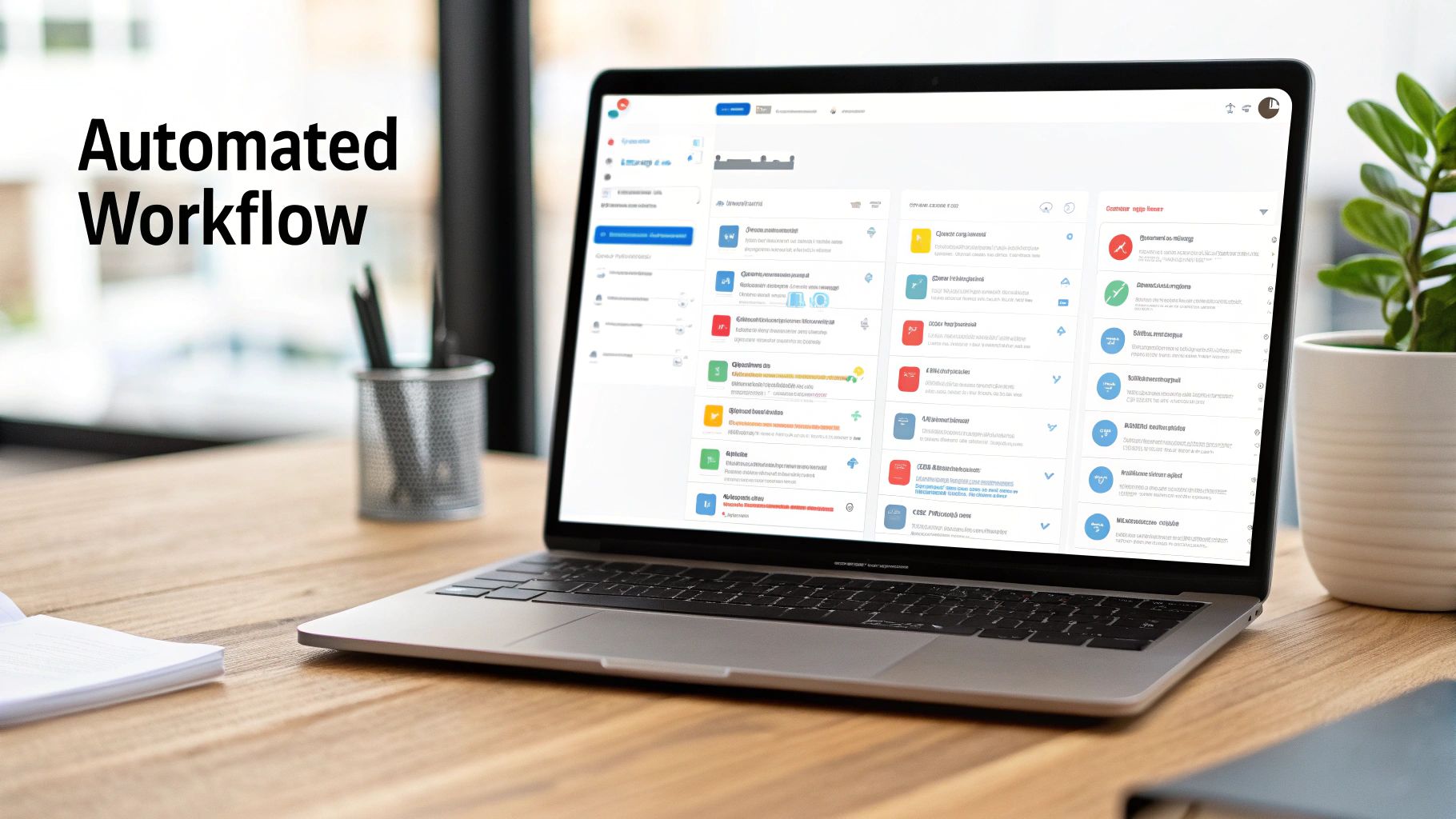 A laptop on a wooden desk displays an 'Automated Workflow' application with cards and icons.
