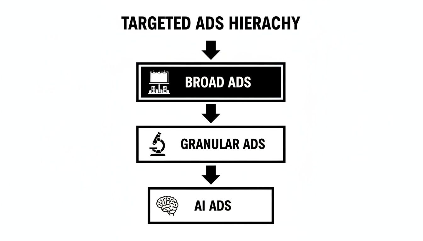 A flowchart illustrating the targeted ads hierarchy: Broad, Granular, and AI Ads with descriptive icons.