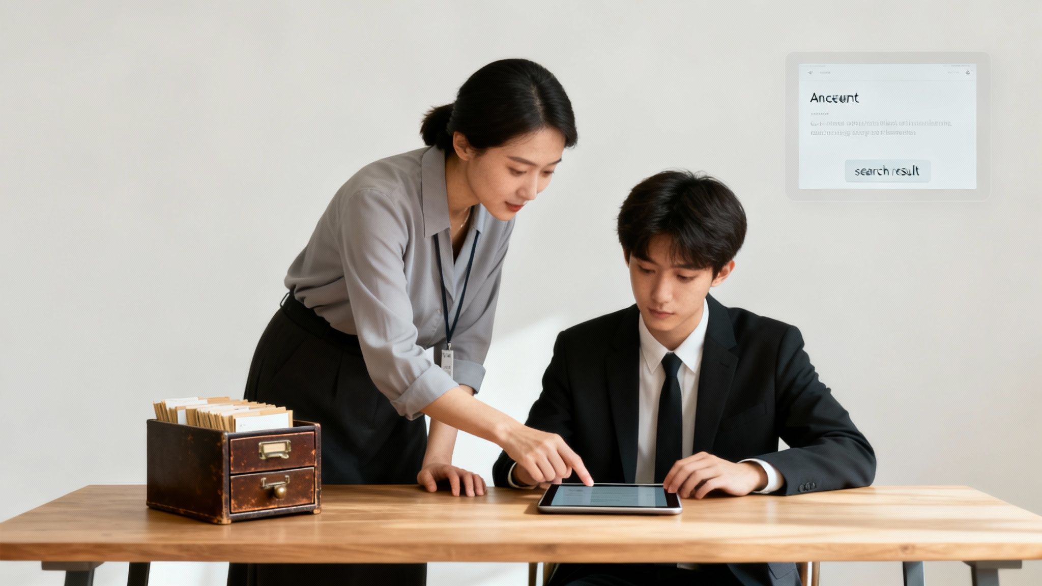 Two colleagues collaborate on a tablet, with a woman pointing at the screen, and a translucent search result overlay.