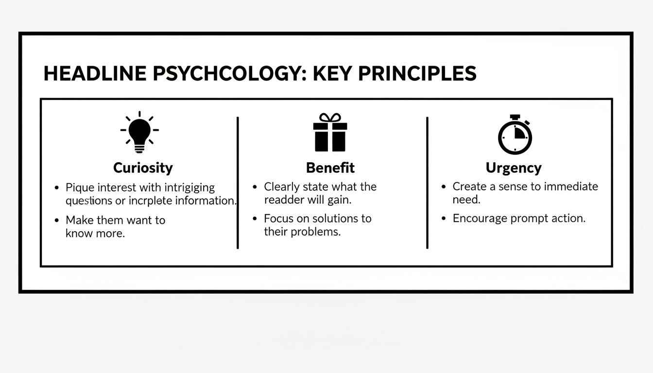 Infographic showing key principles of headline psychology: Curiosity, Benefit, and Urgency with explanations.