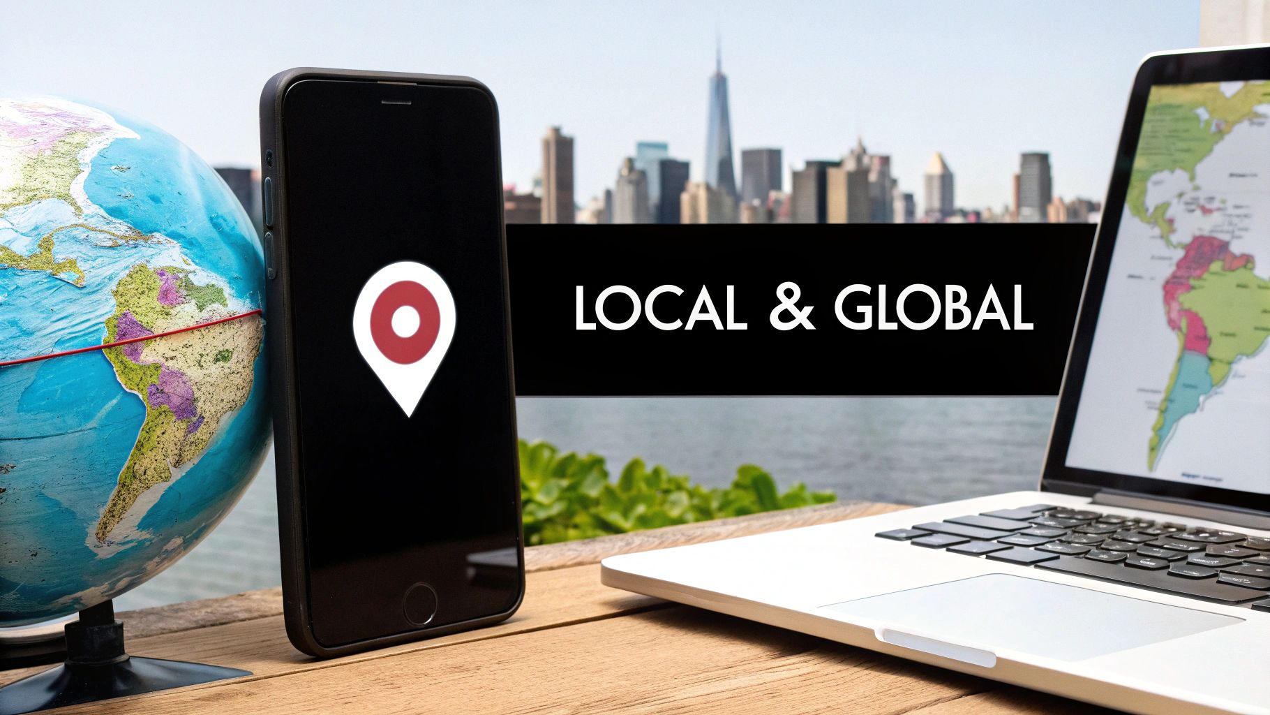 A globe, smartphone with location pin icon, and laptop on a wooden table with 'LOCAL & GLOBAL' text.