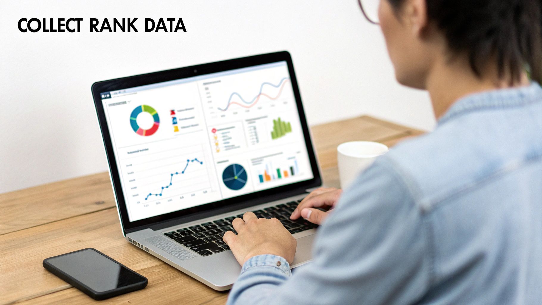 Person collecting and analyzing rank data on a laptop showing various charts and graphs.