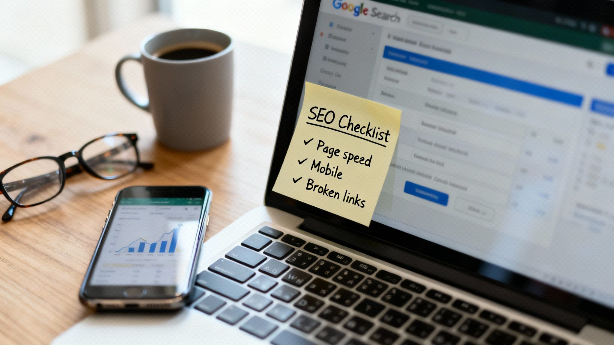 Laptop screen with 'SEO Checklist' sticky note: page speed, mobile, broken links, next to a phone displaying analytics.