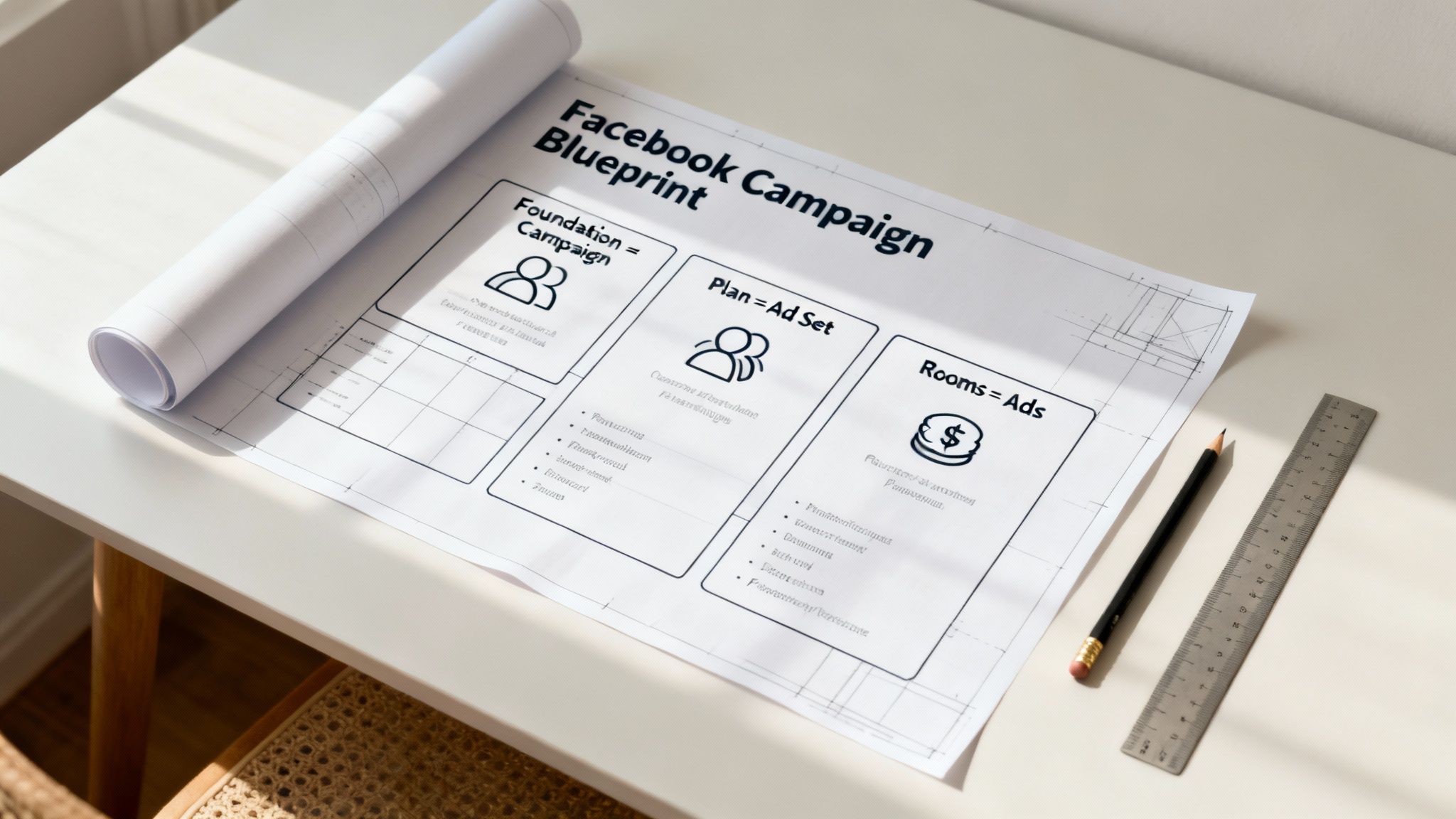 A Facebook Campaign Blueprint on a desk, illustrating campaign, ad set, and ads structure.