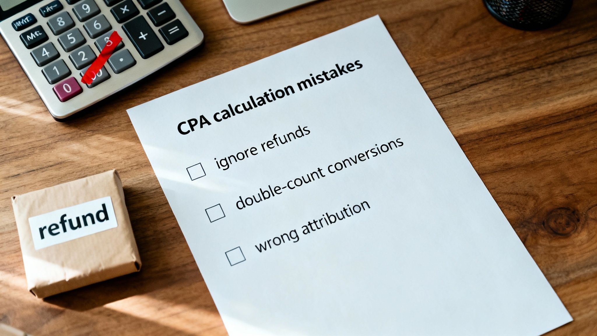 CPA calculation mistakes checklist with ignore refunds, double-count conversions, wrong attribution, calculator and refund box.
