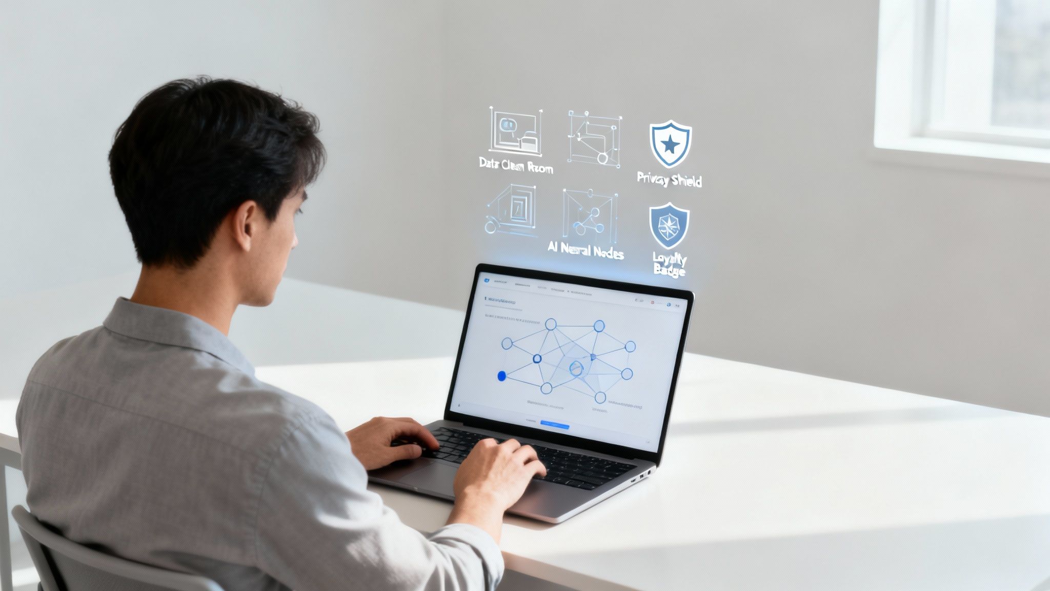A man uses a laptop with holographic icons about data and AI, symbolizing advanced technology.