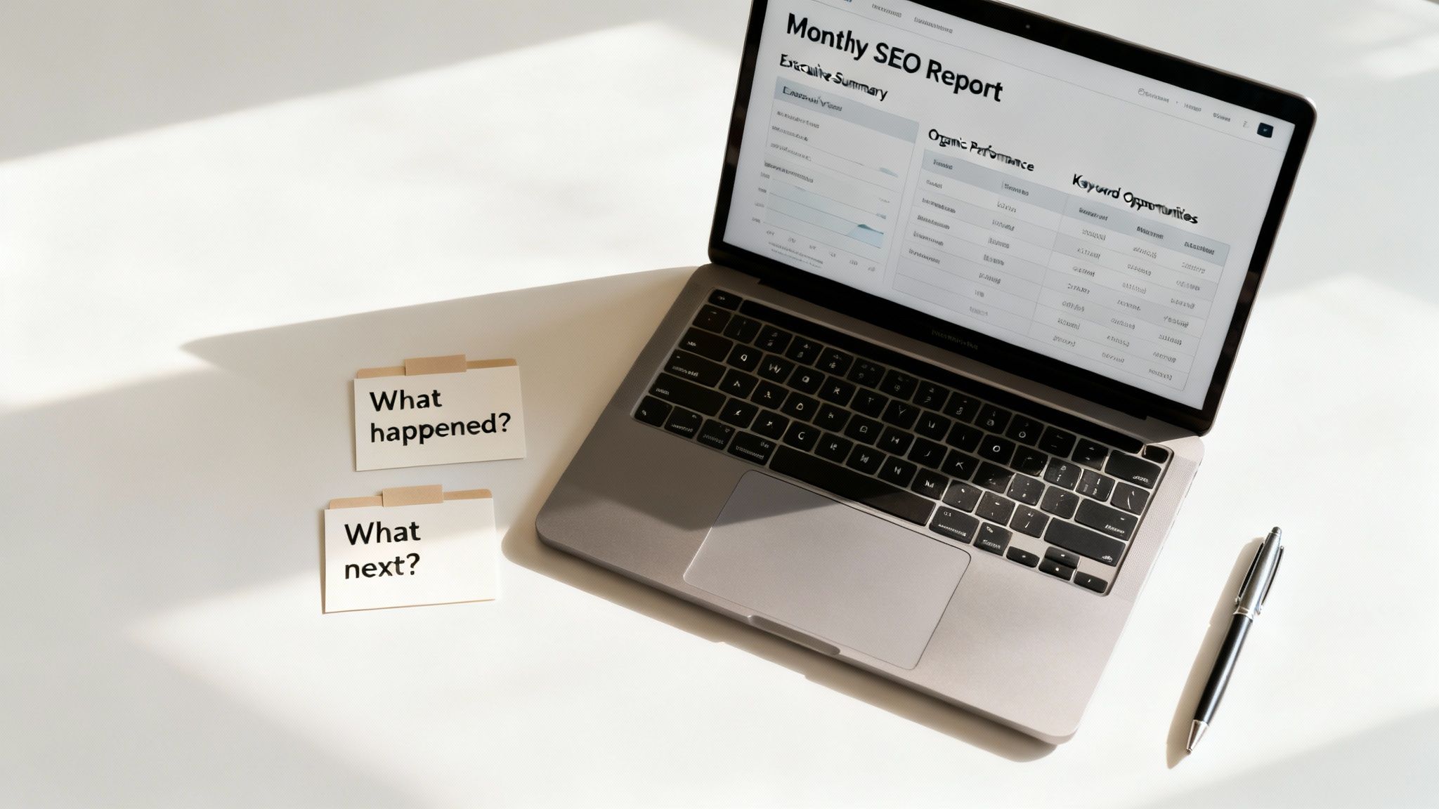 A laptop displays a monthly SEO report next to sticky notes asking 'What happened?' and 'What next?'.